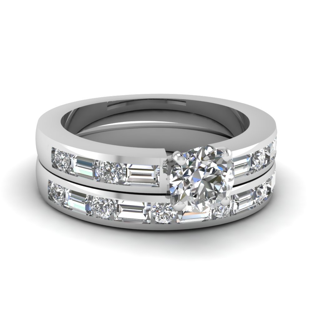 Channel Set Baguette Round Diamond Wedding Ring Set In 14K