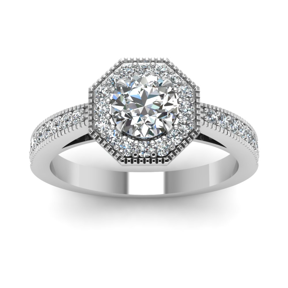 Round Shaped  Octagon Diamond Vintage Ring with White Diamond 14K White Gold