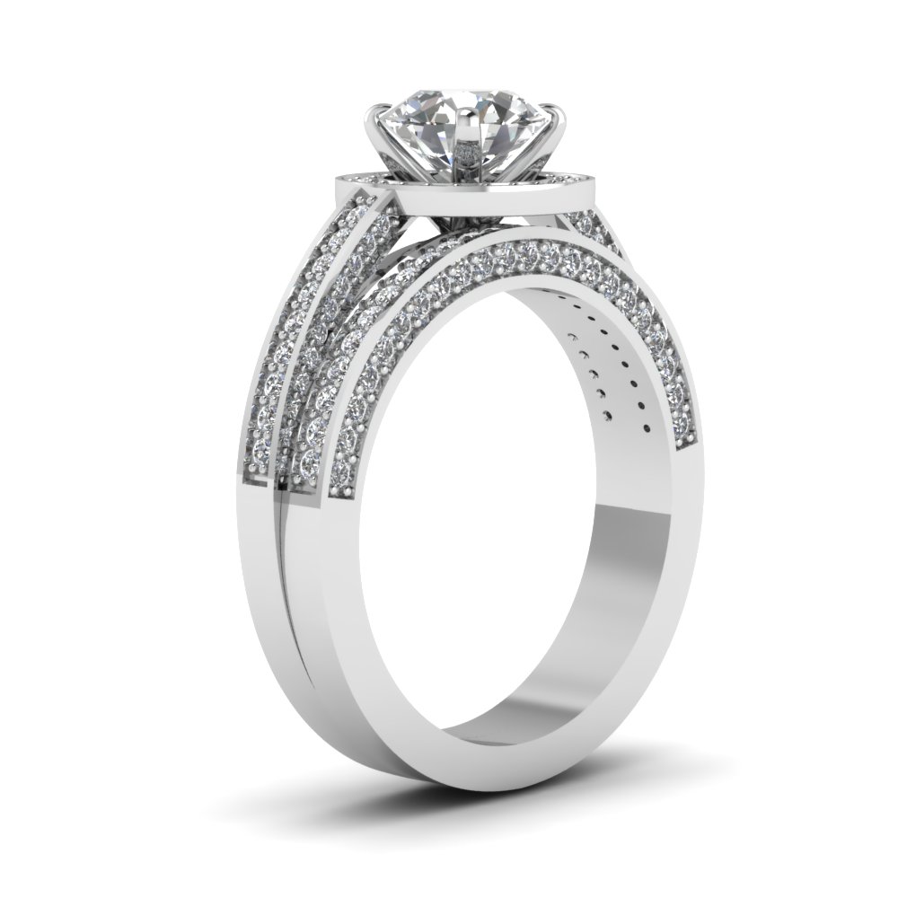 Pave Round Diamond Halo Wedding Ring Set In 14k White Gold Fascinating Diamonds