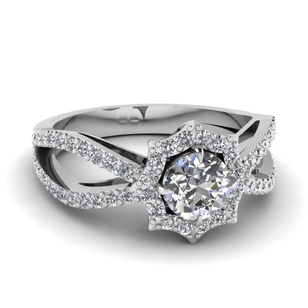 Flower Halo Reversed Split Diamond Engagement Ring In 14K White Gold ...