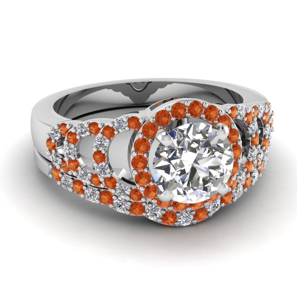 Half Circle Accent Halo Diamond Wedding Ring Set With