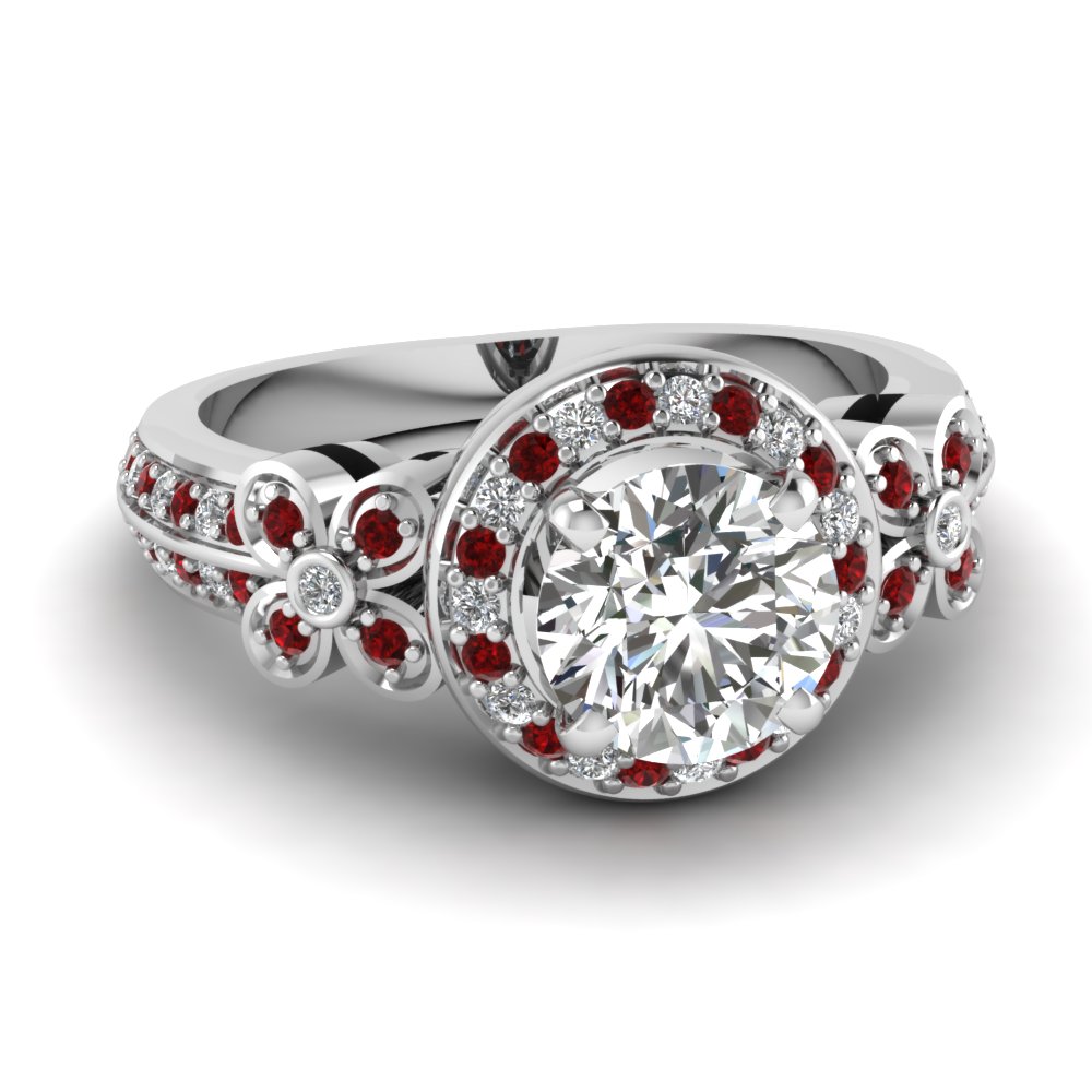 Victorian Daisy Flower Diamond Engagement Ring With Ruby In 14k White