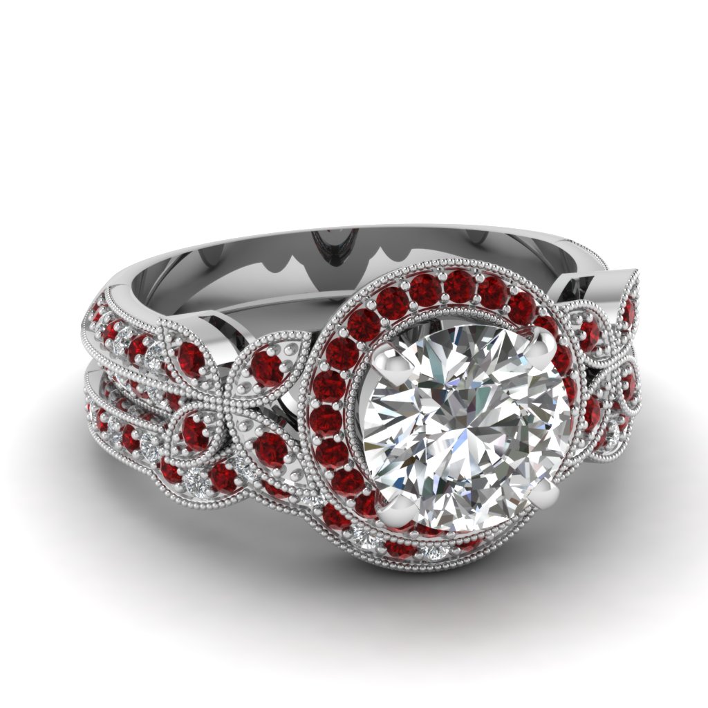 White Gold Round White Diamond Engagement Wedding Ring Red