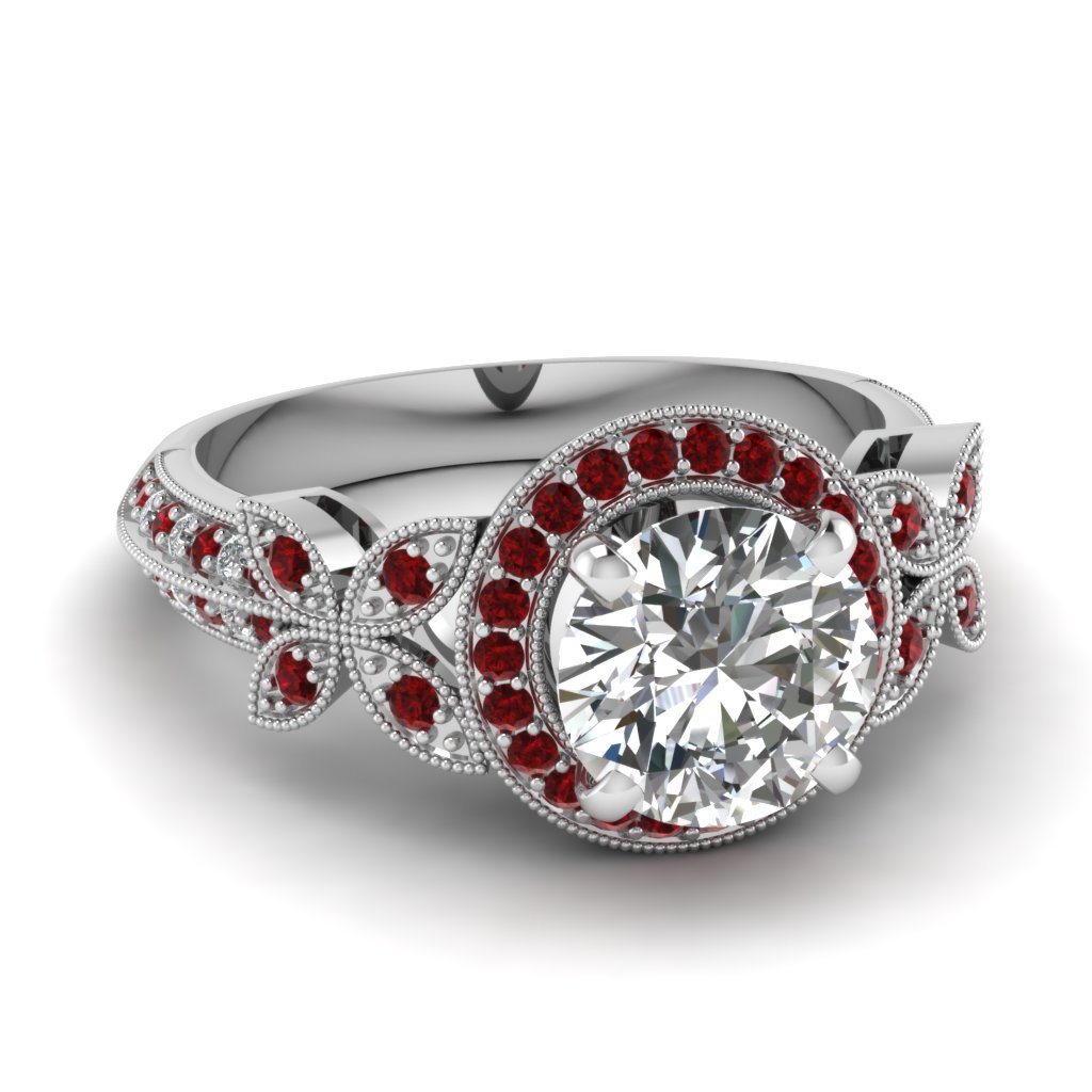  White  Gold  Round White  Diamond Engagement  Wedding  Ring  Red  