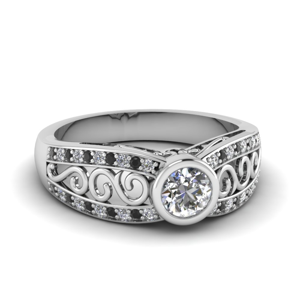 White Gold Round White Diamond Engagement Wedding Ring With Black ...