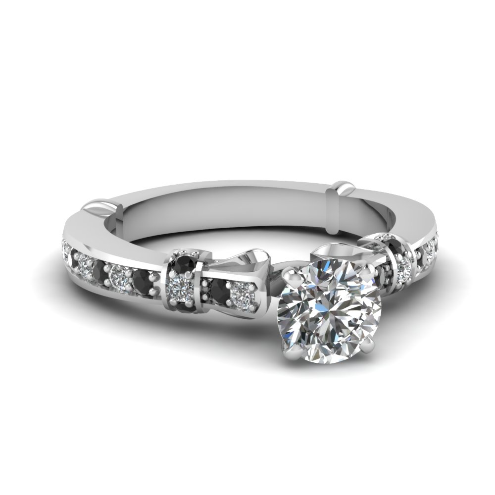 Round Cut Antique High Set Ring With Black Diamond In 14k White Ring With Black Diamond In 14k White