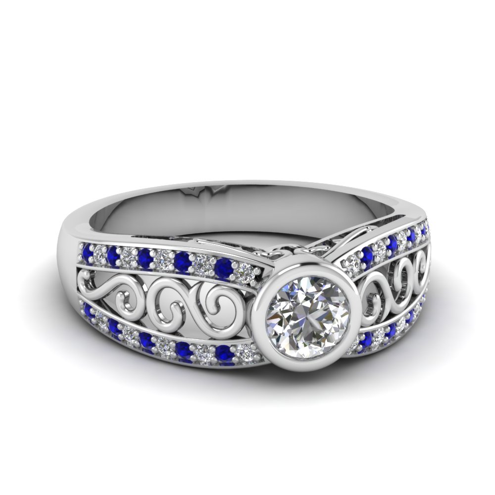 White Gold Round White Diamond Engagement Wedding Ring With Blue ...