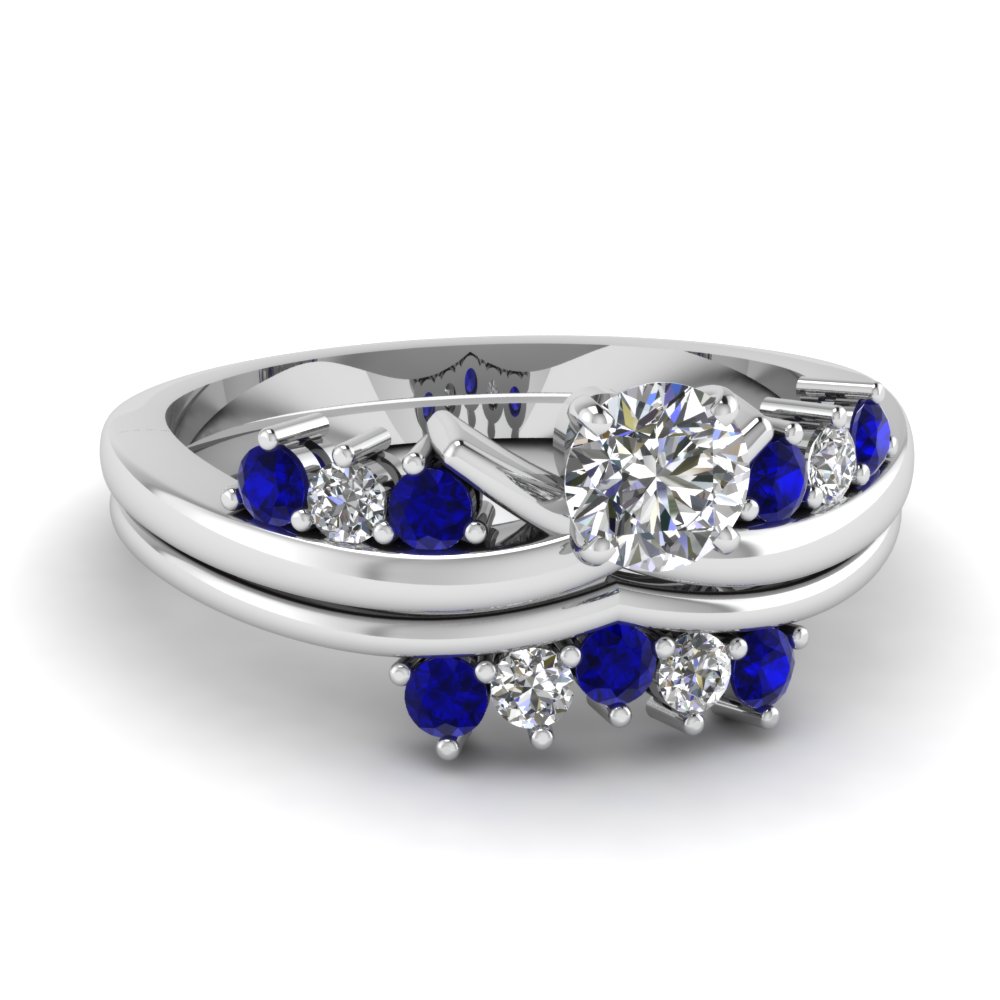 Modern Round Diamond Wedding Ring Set With Sapphire In 14K White Gold ...
