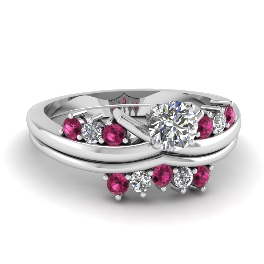 Modern Round Diamond Wedding Ring Set With Pink Sapphire