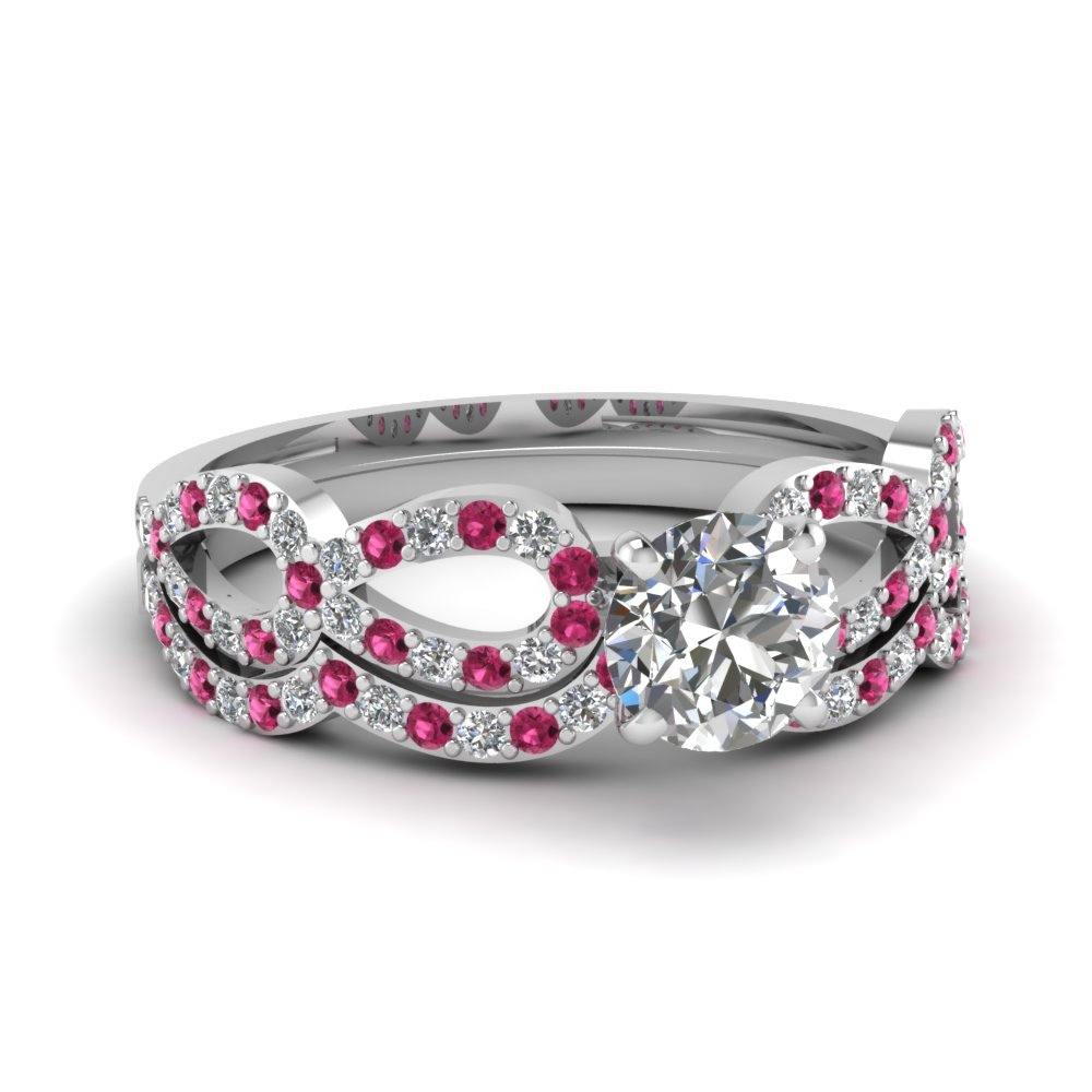 Round Diamond Infinity Loop Bridal Set With Pink Sapphire In 14k