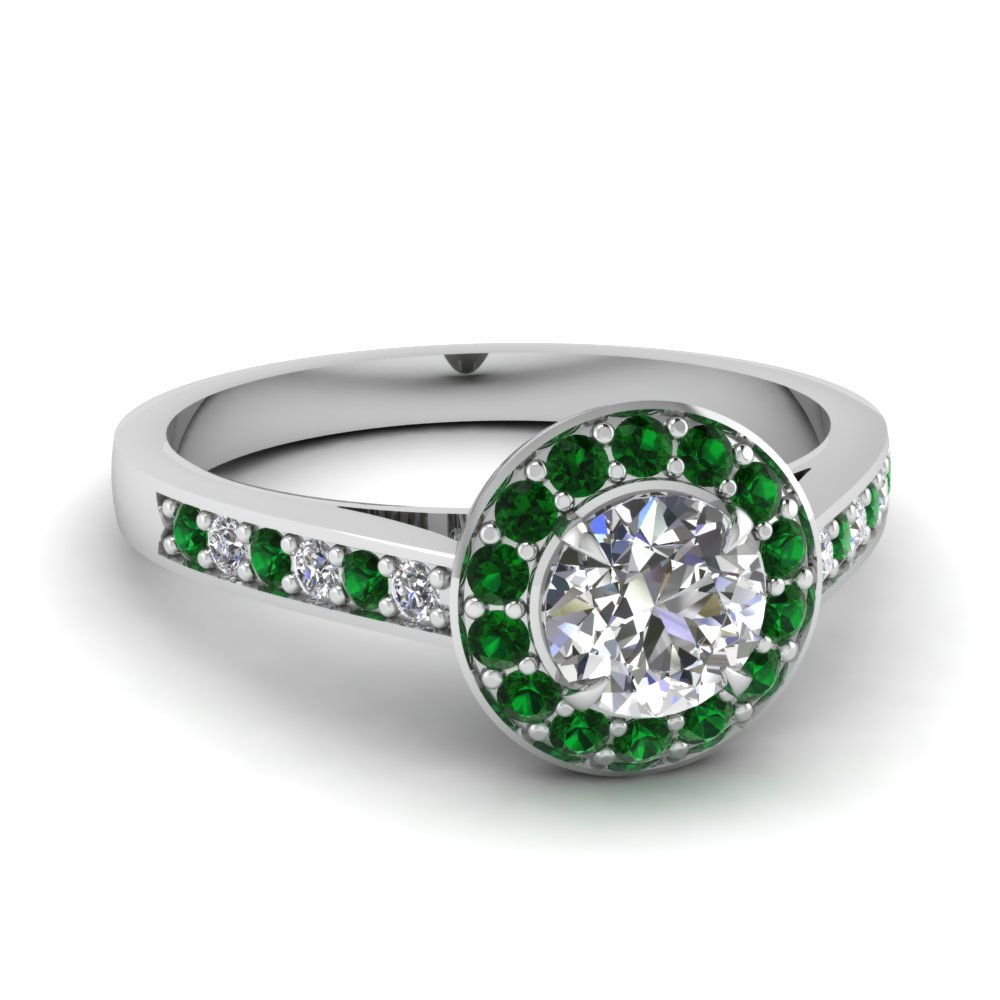 Cathedral Pave Halo Diamond Engagement Ring With Emerald In 14K White ...