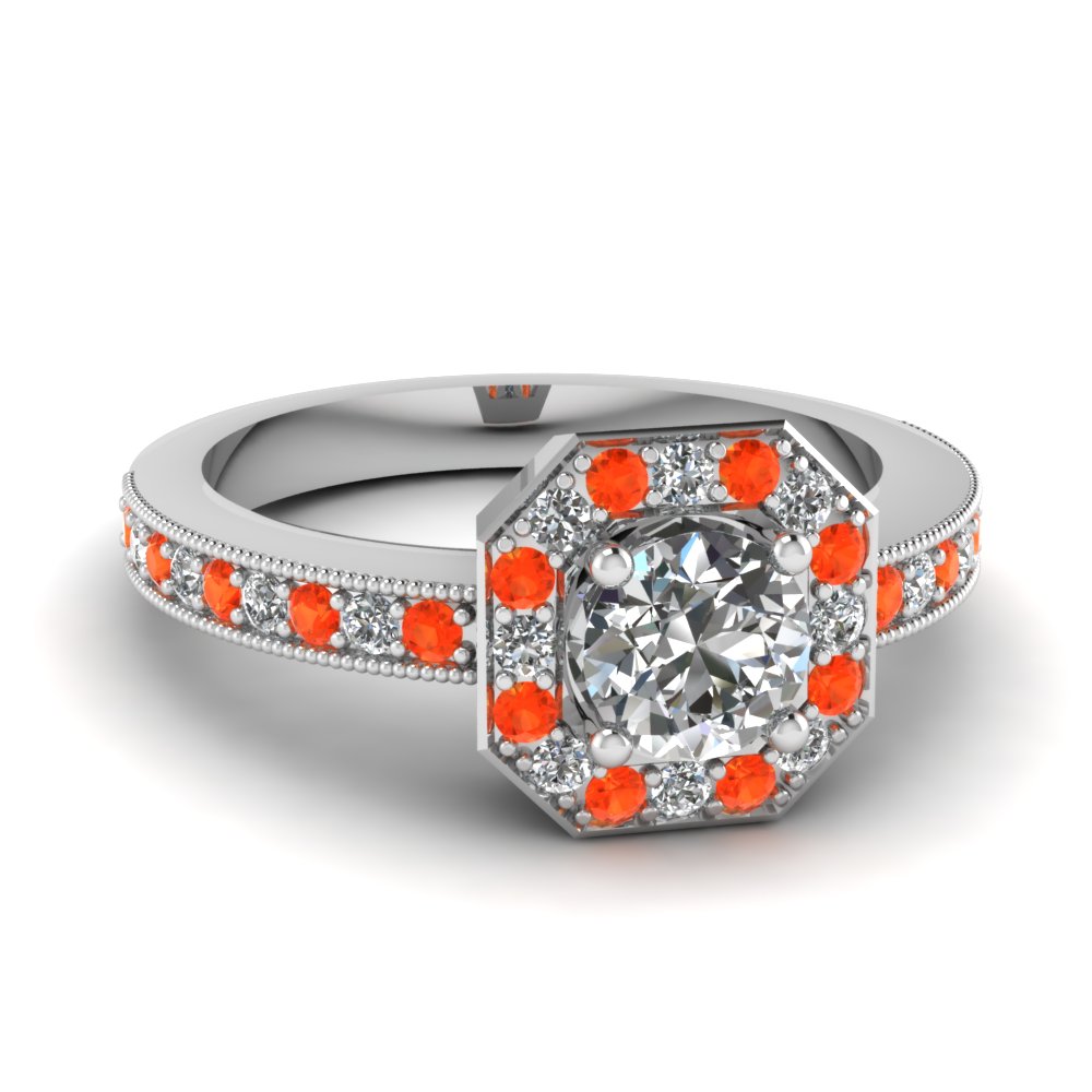 Octagon Round Diamond Engagement Ring With Orange Topaz In 14K White ...