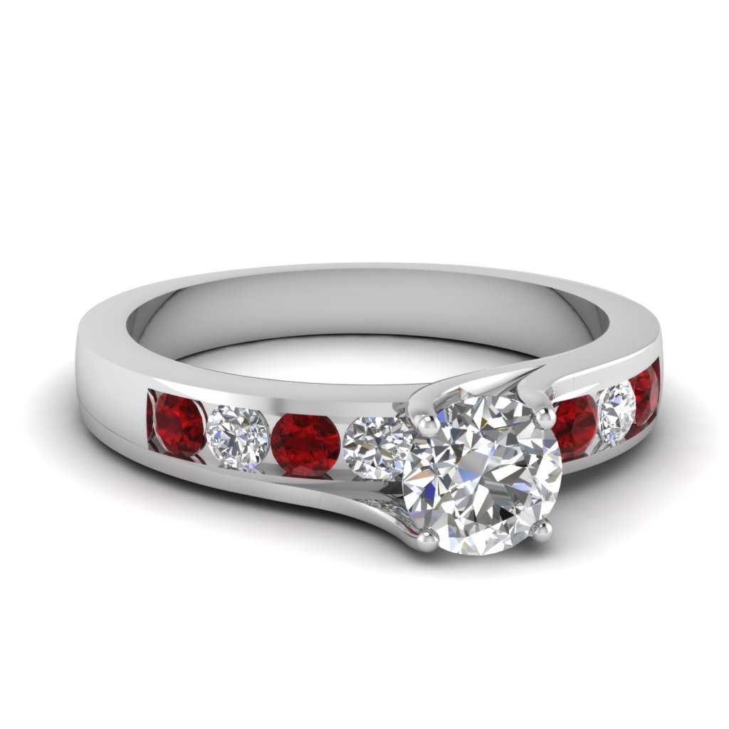 Twist Prong Channel Set Diamond Ring With Ruby In 14K White Gold ...