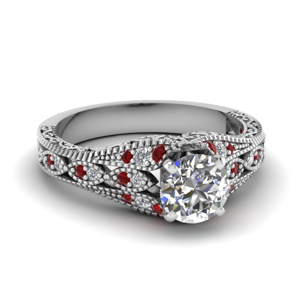 ruby antique filigree round cut lab diamond engagement ring in FD1066RORGRUDR NL WG.jpg