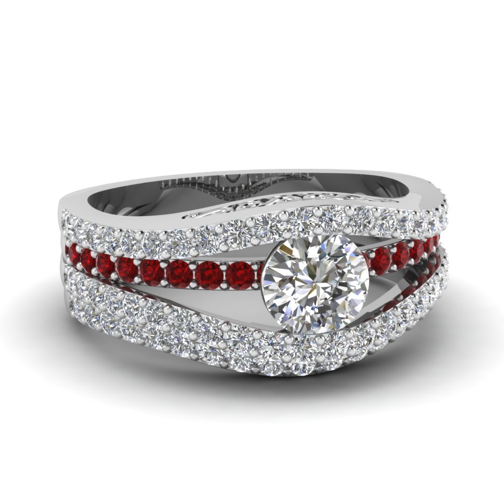 Tension Set Crossover Diamond Wedding Ring Set With Ruby In 14K White