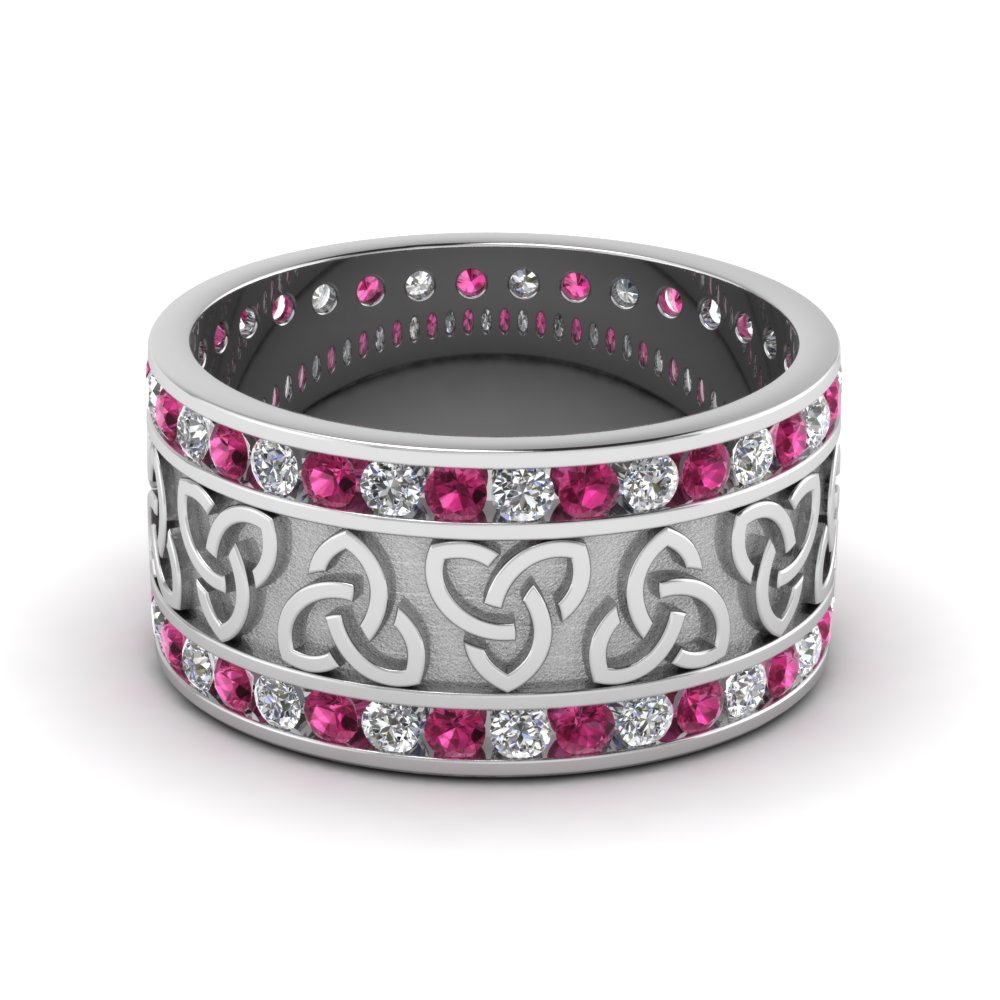 Unique Vintage Eternity Diamond Ring With Pink Sapphire In 18K White Gold