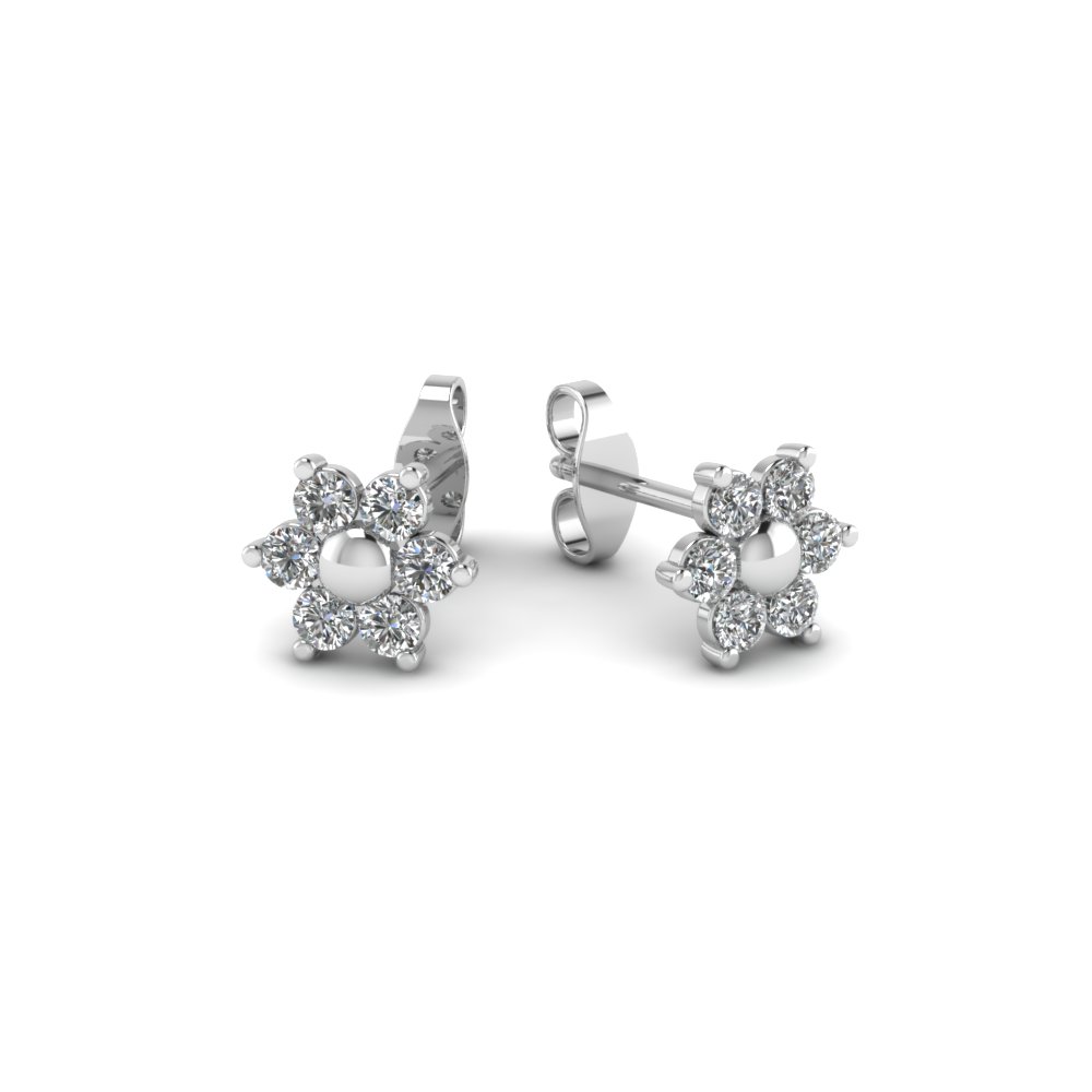 Flower Diamond Stud Earring With Screw Back In 14K White Gold ...