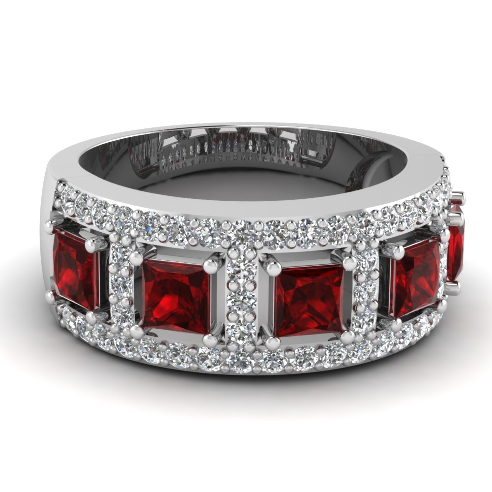 White Gold Wedding Band White Diamond Red Ruby In Pave