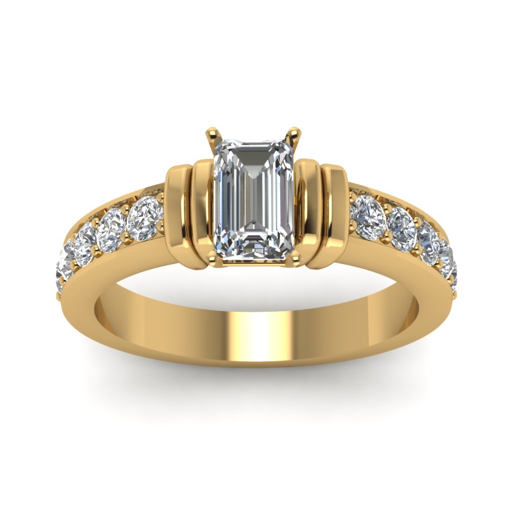 Simple Bar Set Emerald Cut Diamond Engagement Ring In 14K Yellow Gold ...