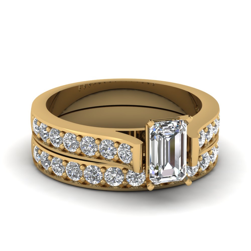 Cathedral Pave Emerald Cut Diamond Wedding Ring Set In 14K Yellow Gold ...