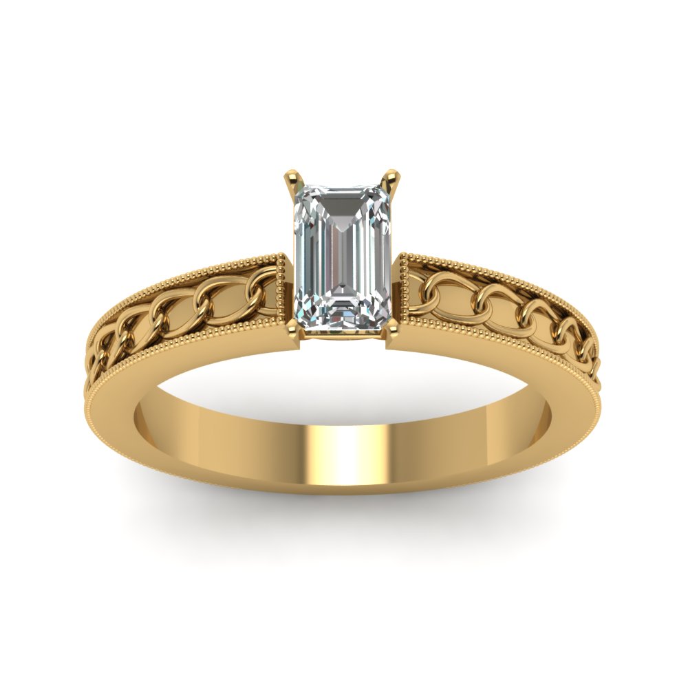 Interlocked Design Emerald Cut Solitaire Engagement Ring In 14K Yellow ...