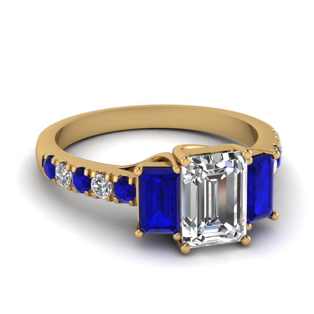 yellow gold emerald white diamond engagement wedding ring with blue sapphire in prong set FDENR7282EMRGSABL NL YG