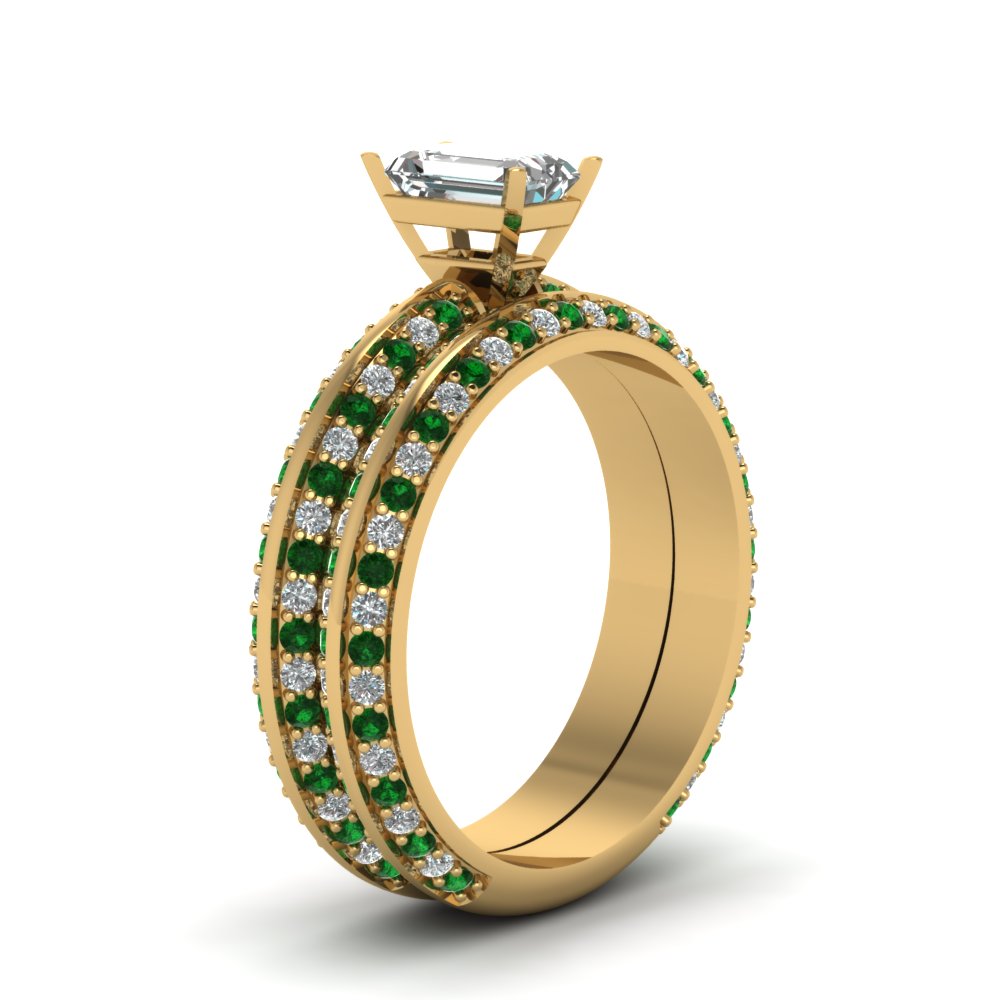 Emerald Shaped Knife Edge Pave Wedding Ring Set with Green Emerald in 14K Yellow Gold