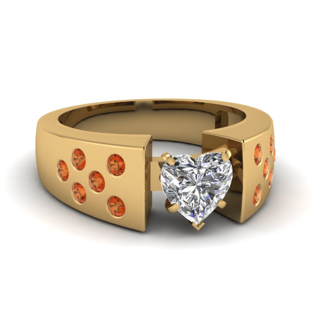 yellow gold heart white diamond engagement wedding ring with orange sapphire in bezel set FD62232HTRGSAOR NL YG