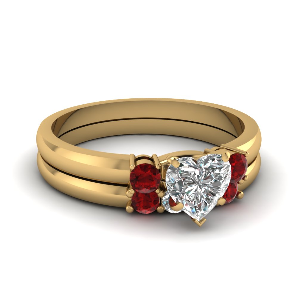 Basket Prong Heart Moissanite 3 Stone Wedding Set With Ruby In 14K