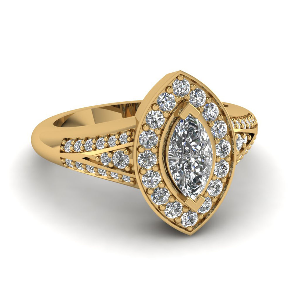 Yellow Gold Marquise White Diamond Engagement Wedding Ring In Pave