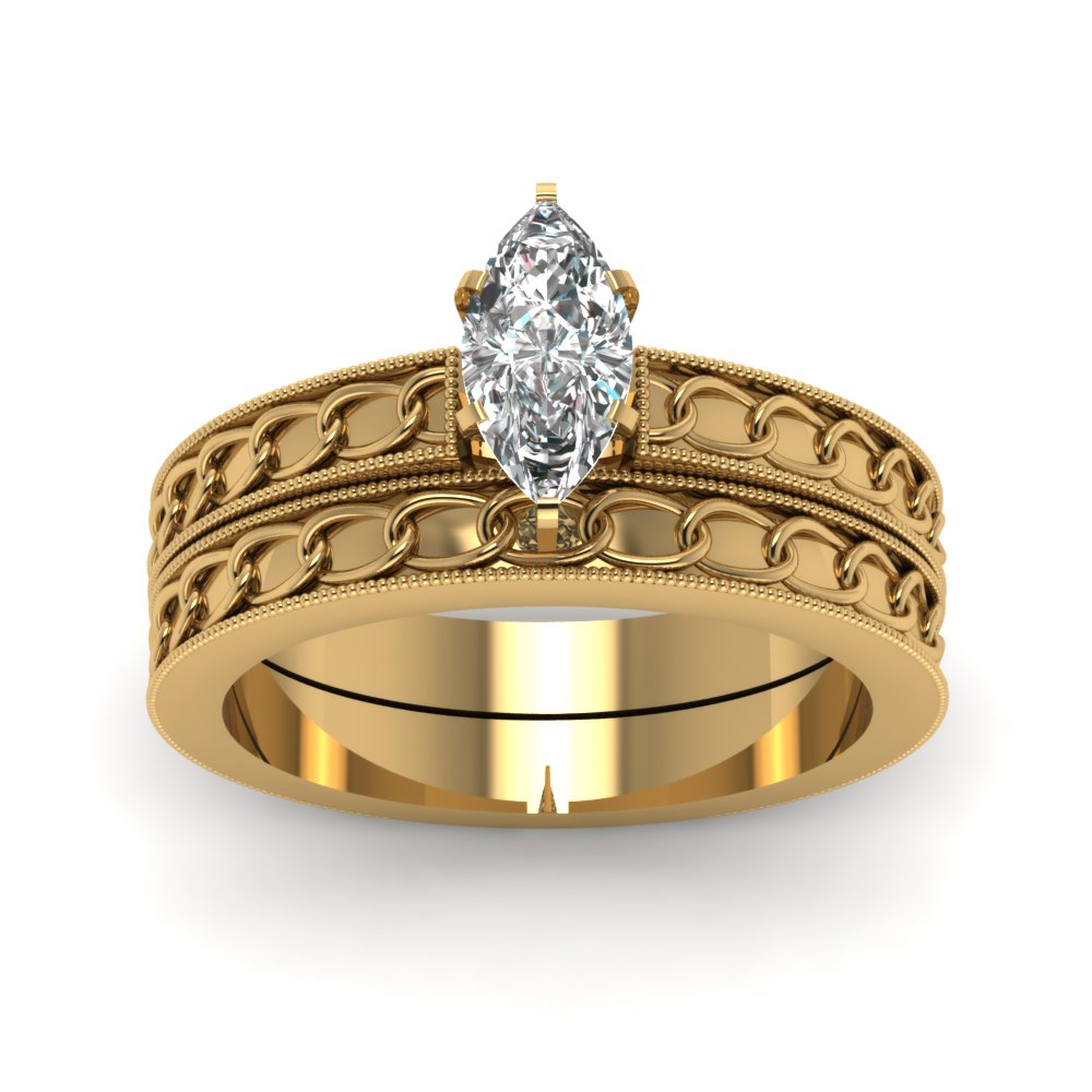 Interlocked Design Marquise Solitaire Wedding Ring Set In