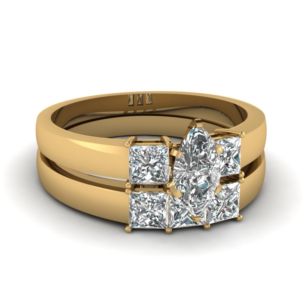 Dainty 3 Stone Marquise Cut Wedding Ring Set In 14K Yellow