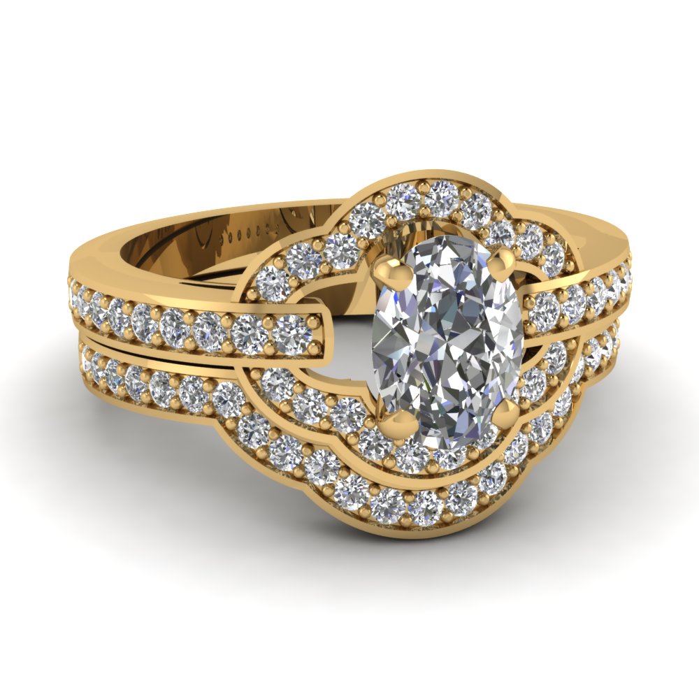 Petite Pave Oval Diamond Wedding Ring Set In 14K Yellow