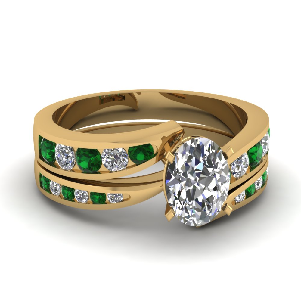 Oval Shaped Swirl Channel Diamond Bridal Set With Emerald ...