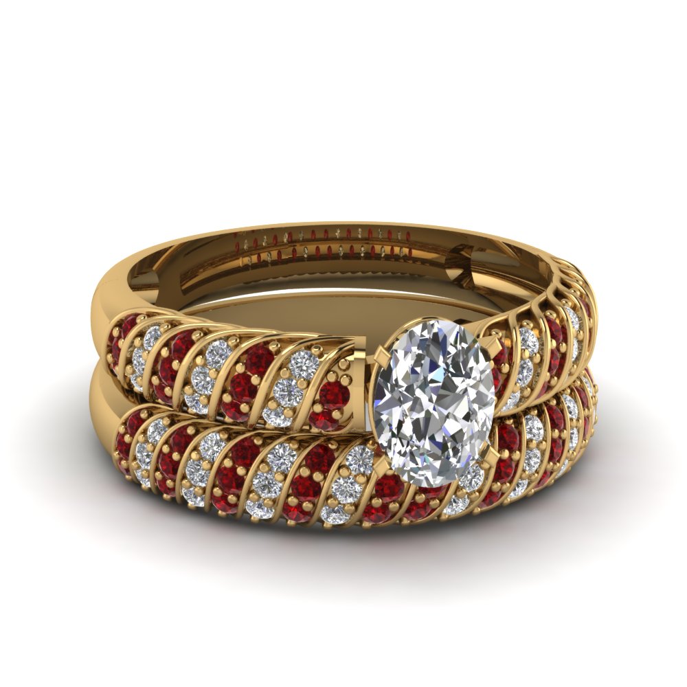 rope design oval diamond wedding set with ruby in FDENS3048OVGRUDR NL YG 30