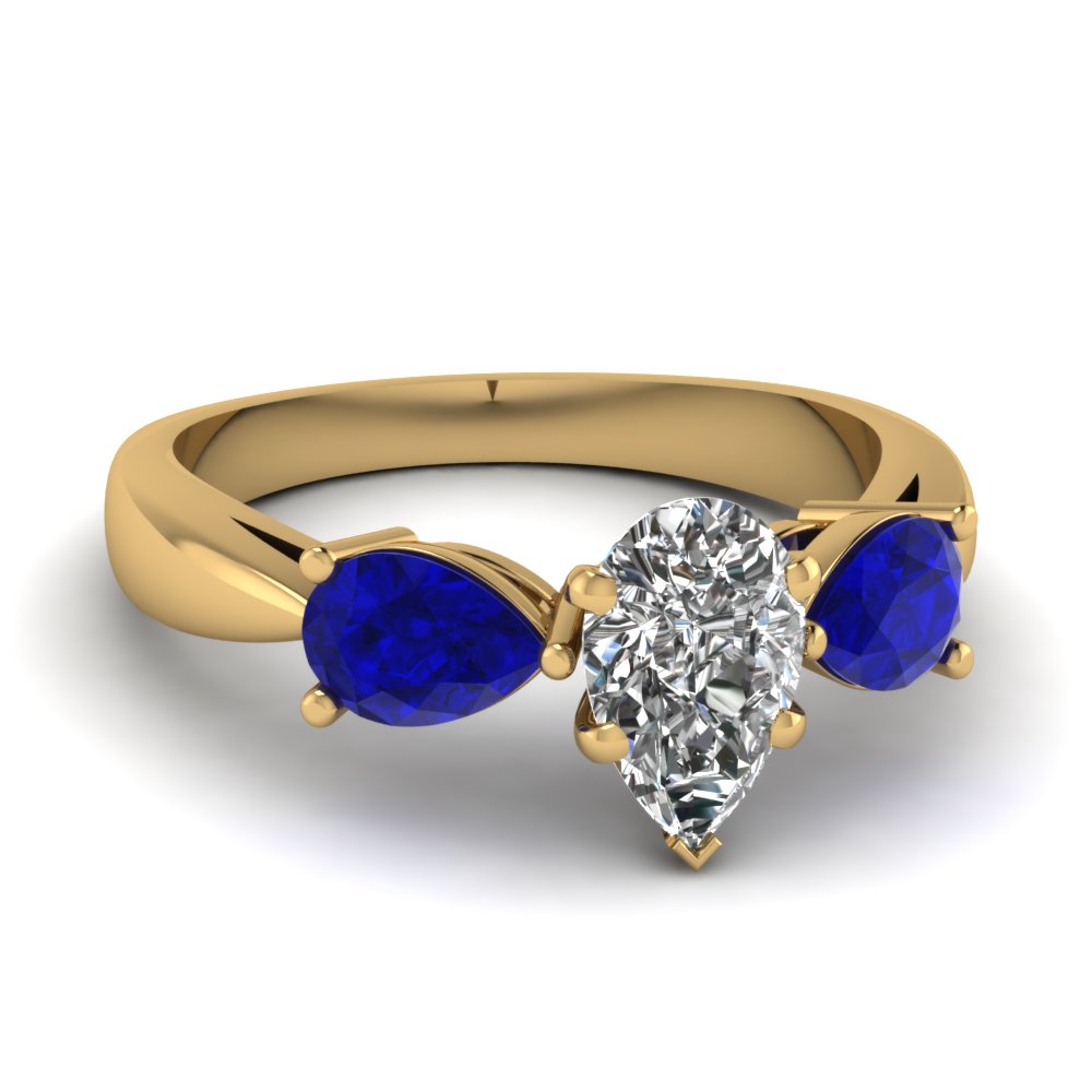 Tear Drop 3 Stone Pear Shaped Engagement Ring With Sapphire In 14K ...