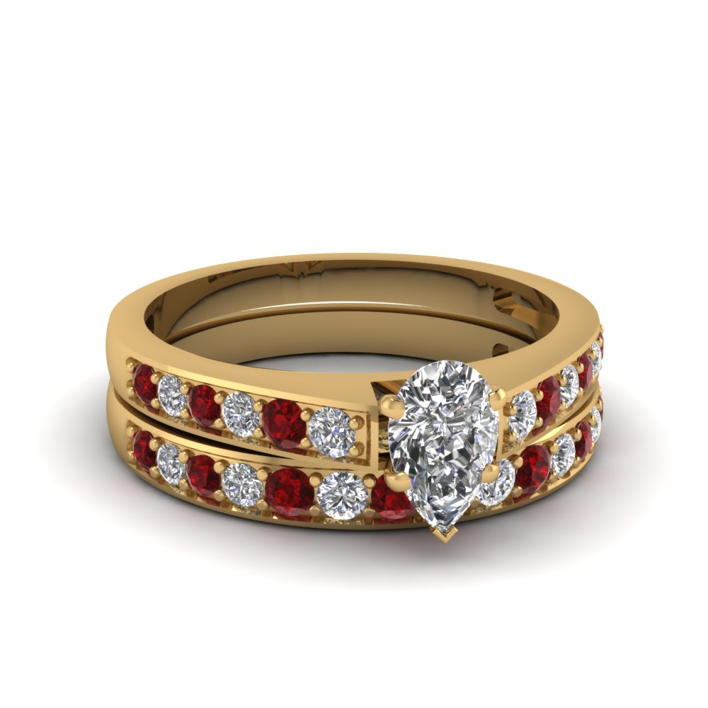 Pear Shaped Pave Diamond Wedding Ring Set With Ruby In 14K Yellow Gold ...