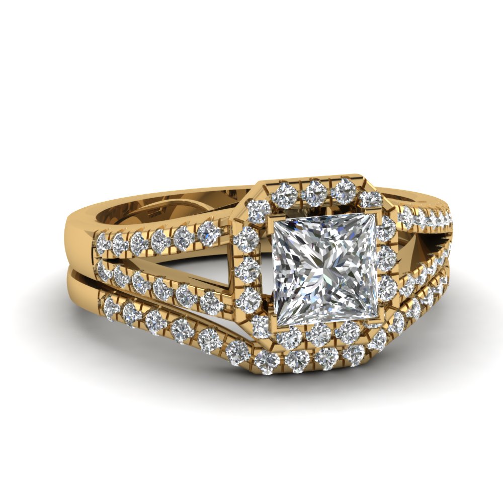 Princess Cut Diamond Split 14k Yellow Gold Wedding Ring Set