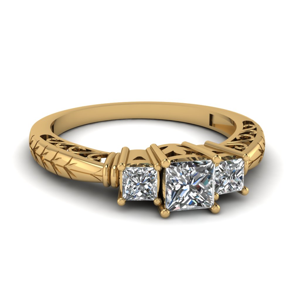 Grass Design 14k Yellow Gold 3 Stone Engagement Rings