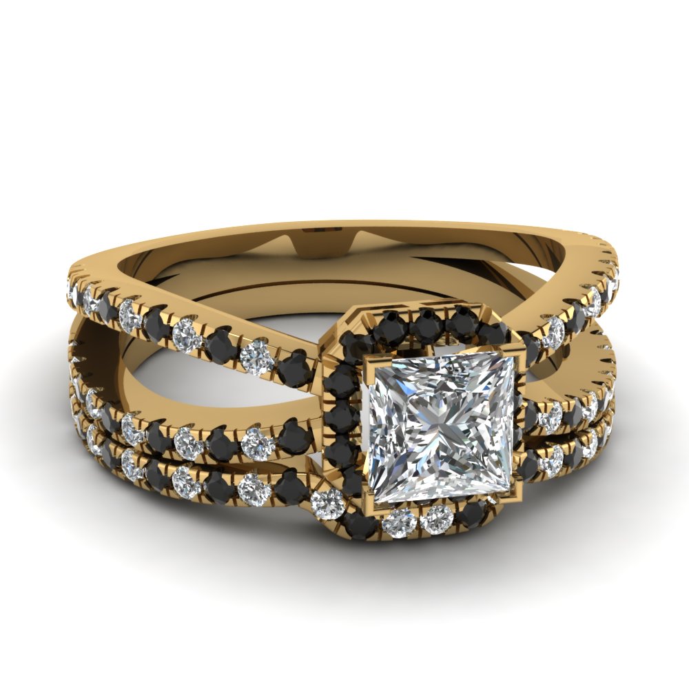 Princess Shaped Split Cascade Set with Black Diamond in 14K Yellow Gold