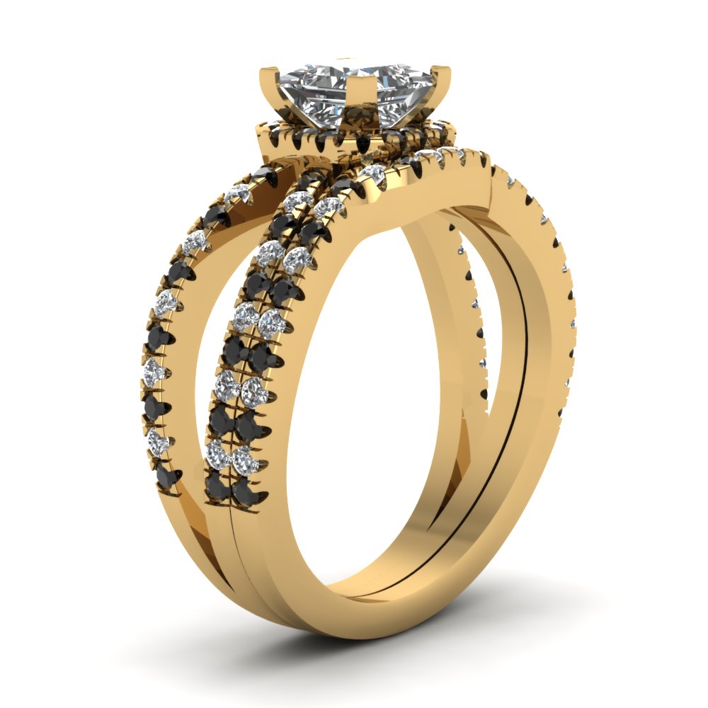 Princess Shaped Split Cascade Set with Black Diamond in 14K Yellow Gold