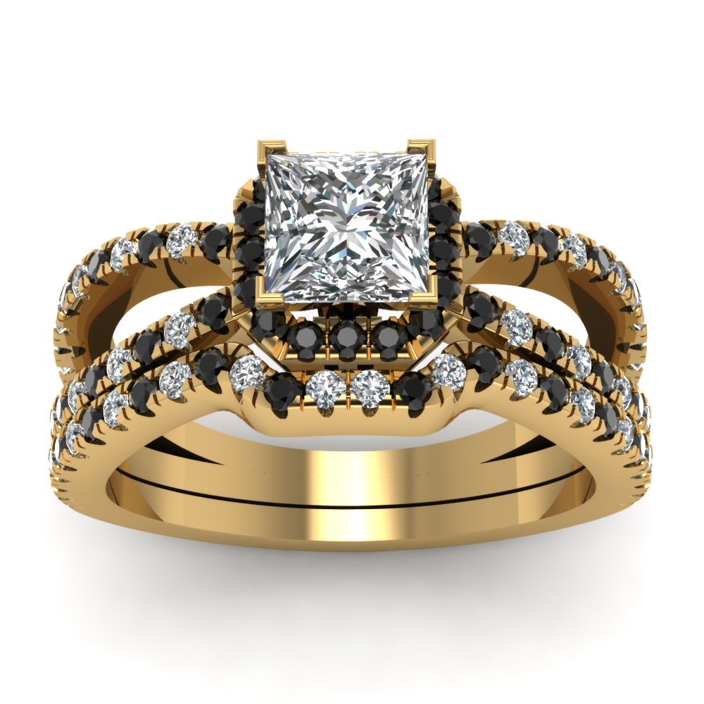 Princess Shaped Split Cascade Set with Black Diamond in 14K Yellow Gold