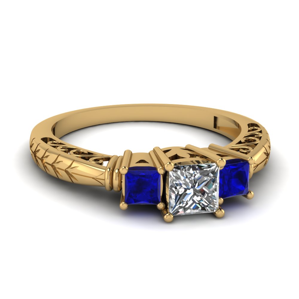 Engraved Shank Princess Cut Sapphire And Diamond Three Stone Ring