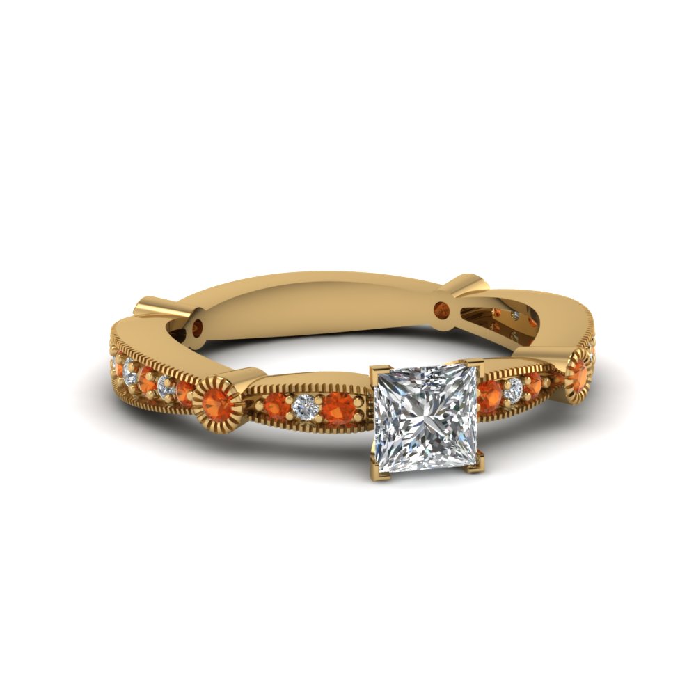 princess cut diamond vintage tapered engagement ring with orange sapphire in FDENS3026PRRGSAOR NL YG