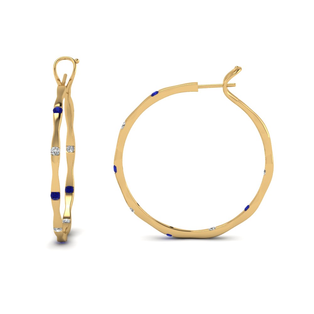 Yellow Gold Round Blue Sapphire Hoops Earrings With White ...