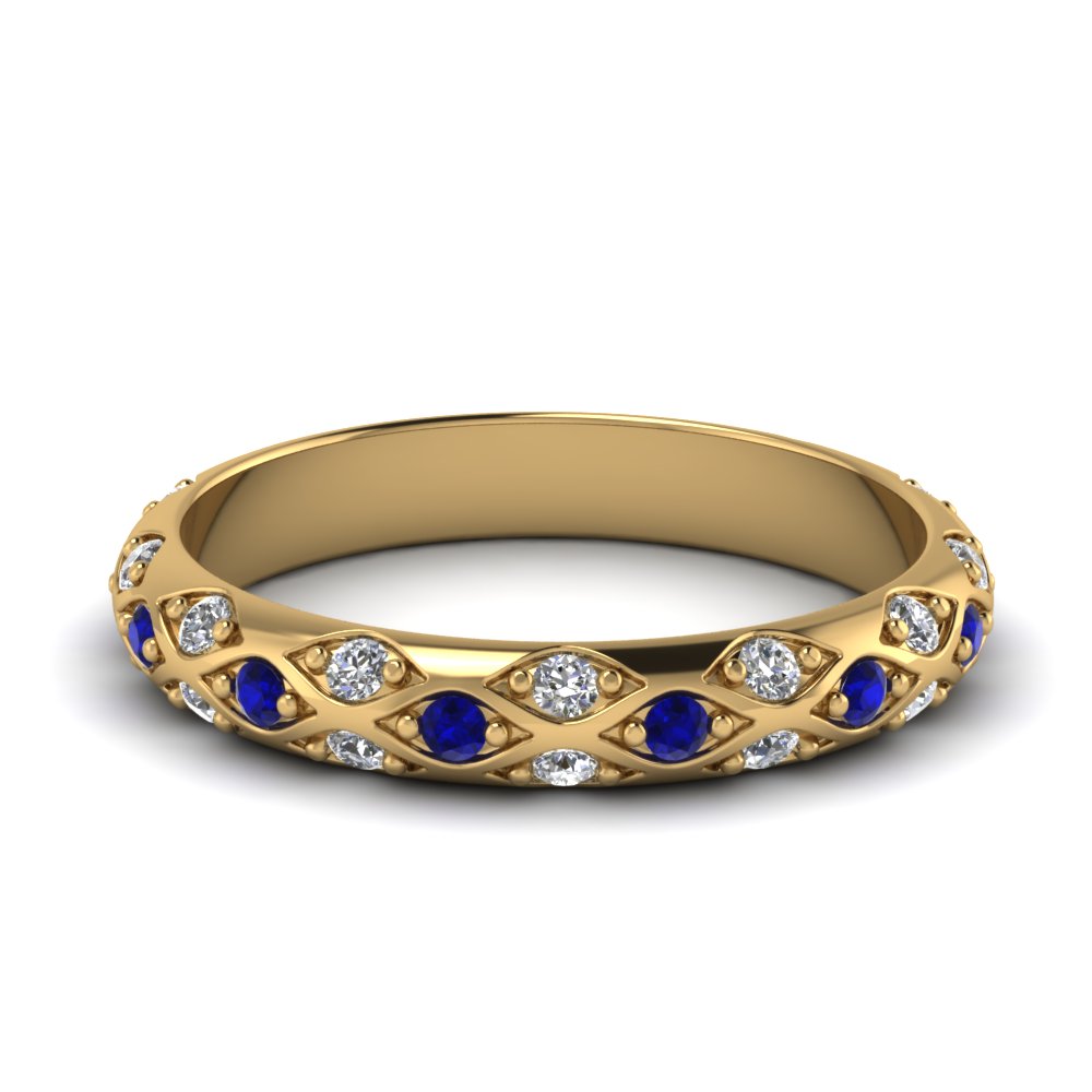 Pave Cross Diamond Wedding Band With Sapphire In 18K