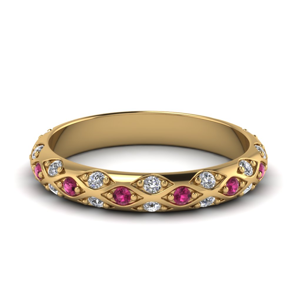 pave cross diamond wedding band with pink sapphire in 14K yellow gold FD121962BGSADRPI NL YG