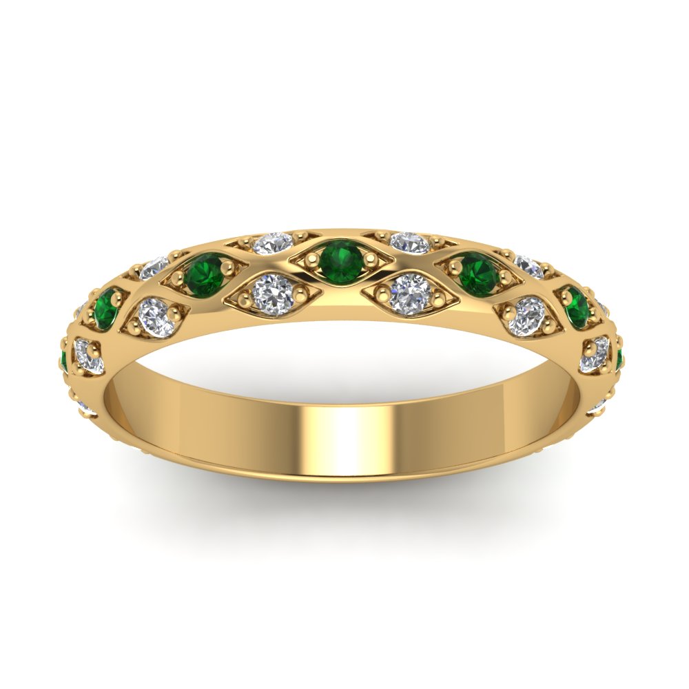 Pave Cross Diamond Wedding Band With Emerald In 14K Yellow
