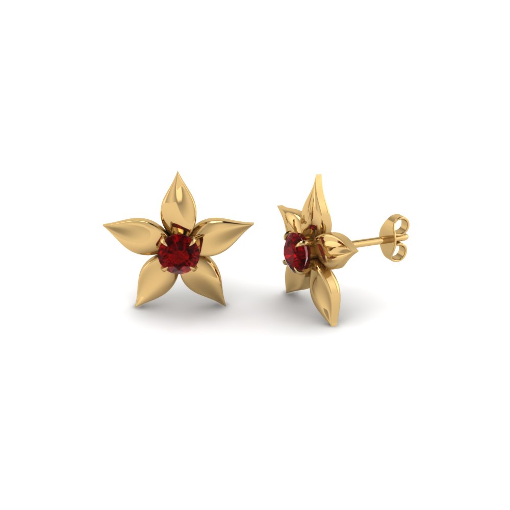 Flower Petal Ruby Stud Earring In 14k Yellow Gold Fascinating Diamonds Flower Petal Ruby Stud Earring In Fdear1077grudr Nl Yg
