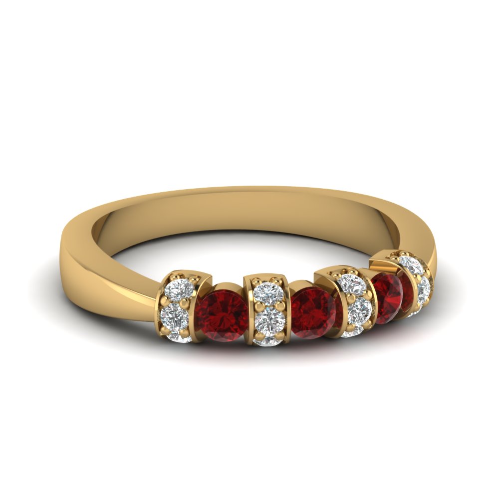 Yellow Gold Round Red Ruby Wedding Band With White Diamond